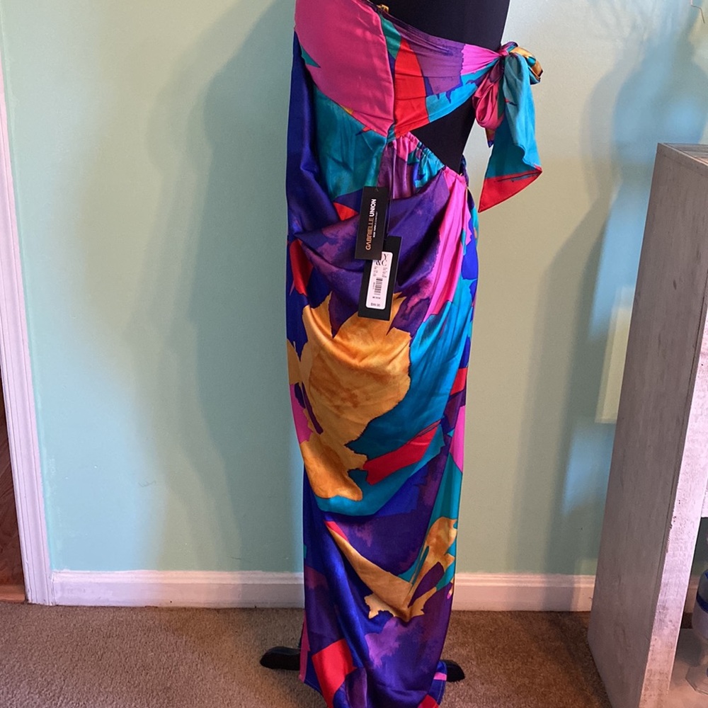 New York & Company Strapless Multicolor Draped Dress - Pink, Blue, Teal, Yellow - Picture 4 of 6